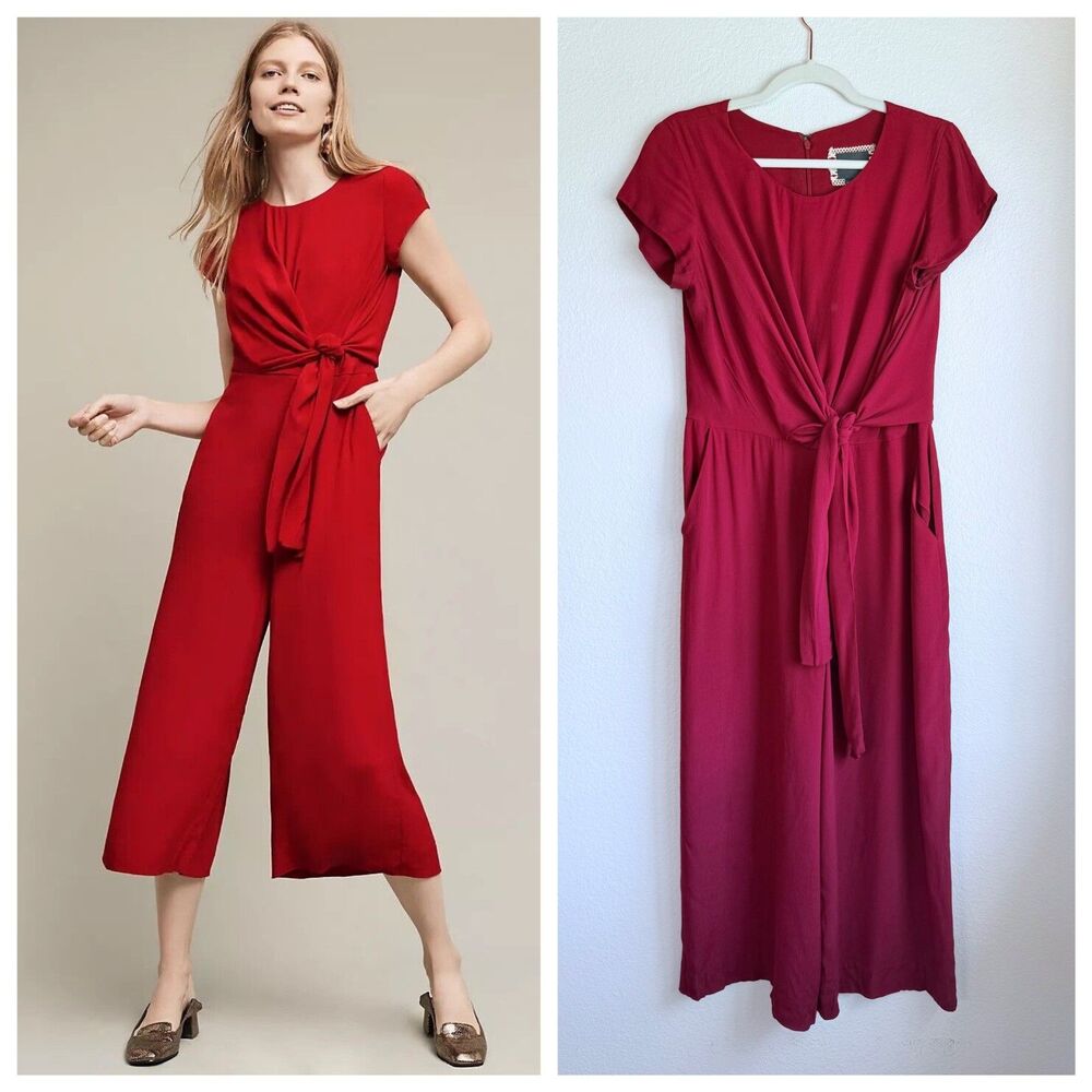 NWT Anthropologie Maeve Grier Cap Sleeve Cropped Jumpsuit in Wine Bordeaux Red